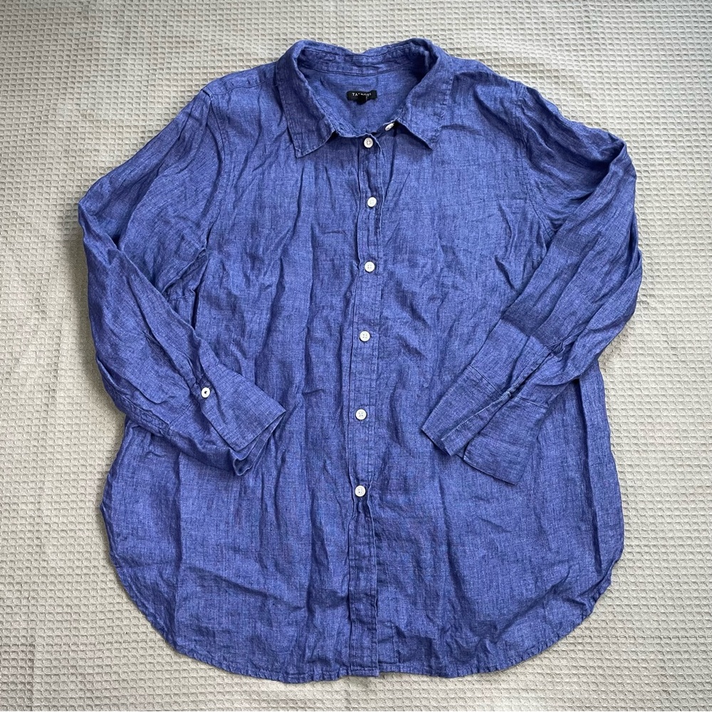 Talbots 100% Linen Shirt XLP XL Petite Long Sleeve Button Up Deep Blue